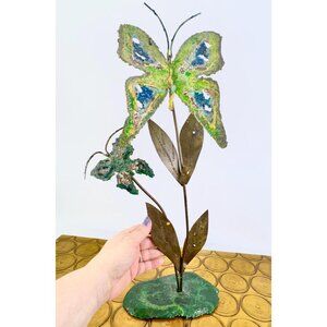 Vintage 1970s butterflies copper sculpture, enamel painted metal, 19.5" tall